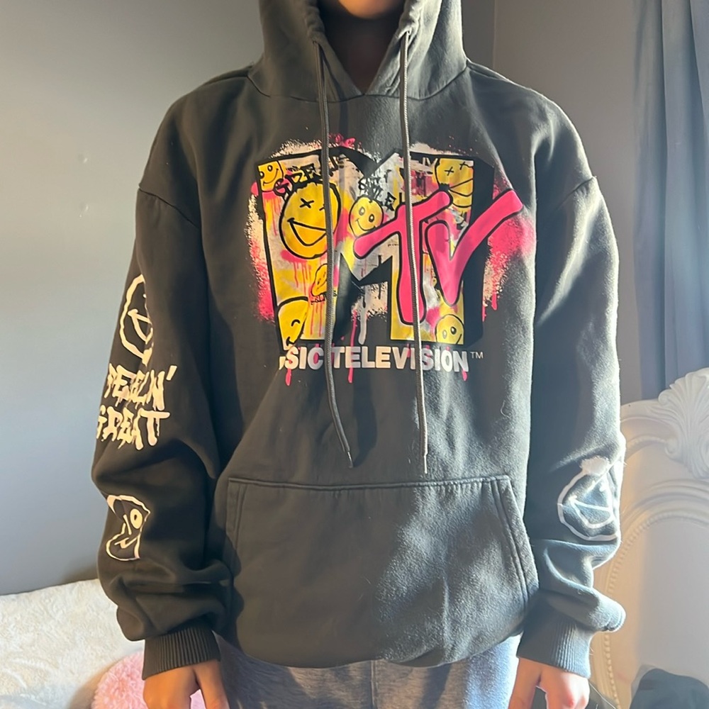 Mtv sweatshirt. size s. dark gray with yellow, white, and pink details.